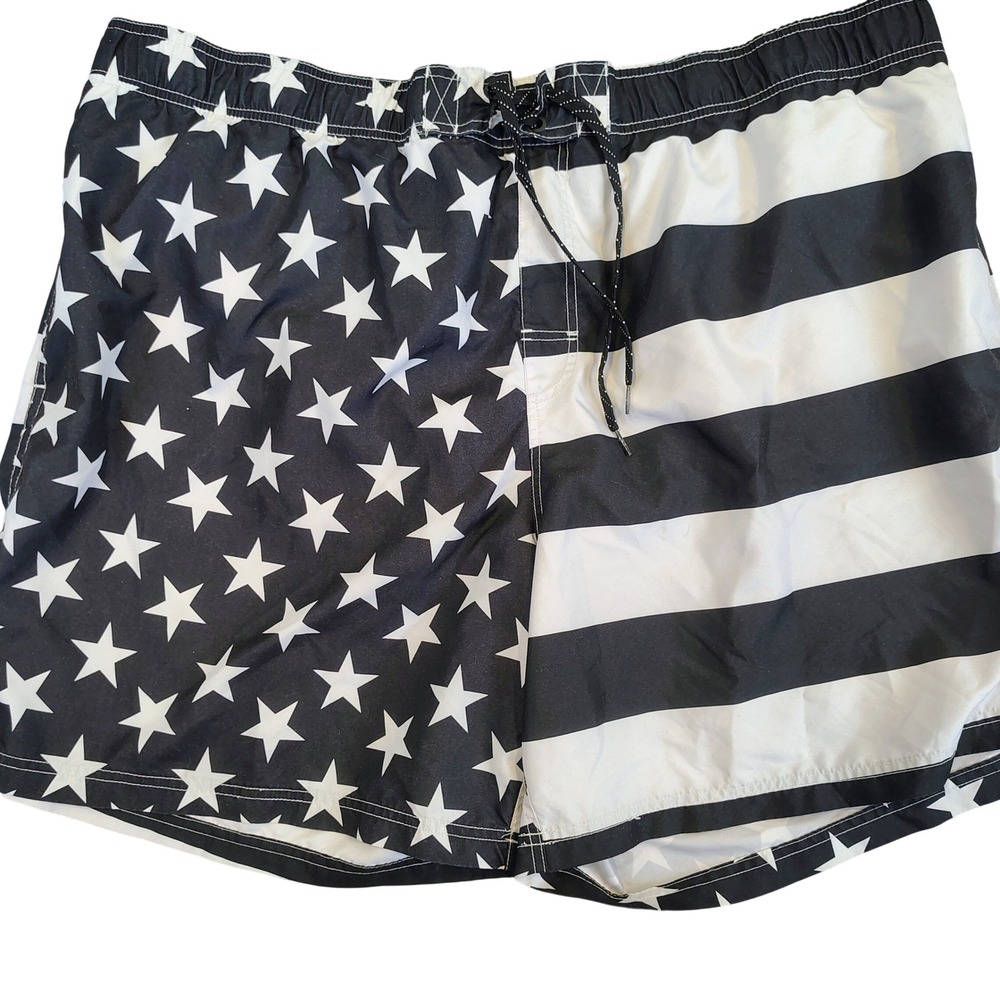 George Mens 3XL Stars and Stripes Swim Trunks Black White Americana Patriotic